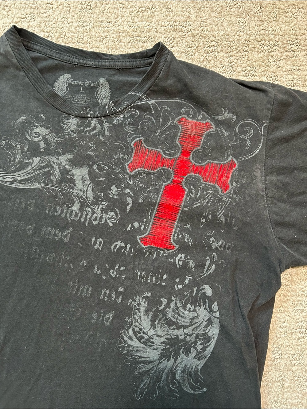 Carbon Black Y2K T Shirt Mens Size Large Black Red Cross With Raised Velvet Felt